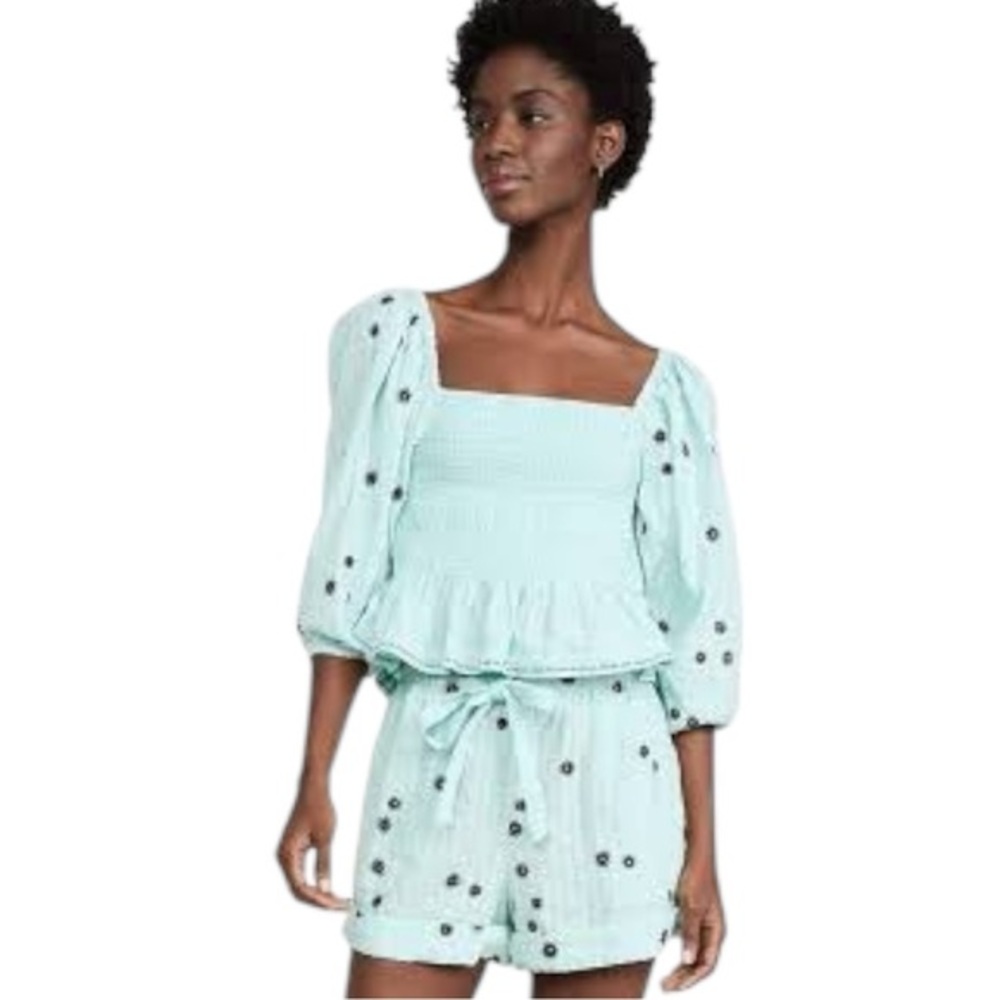 Tanya Taylor Emma Two Piece Set XS Puff Sleeve Smocked Top & Shorts